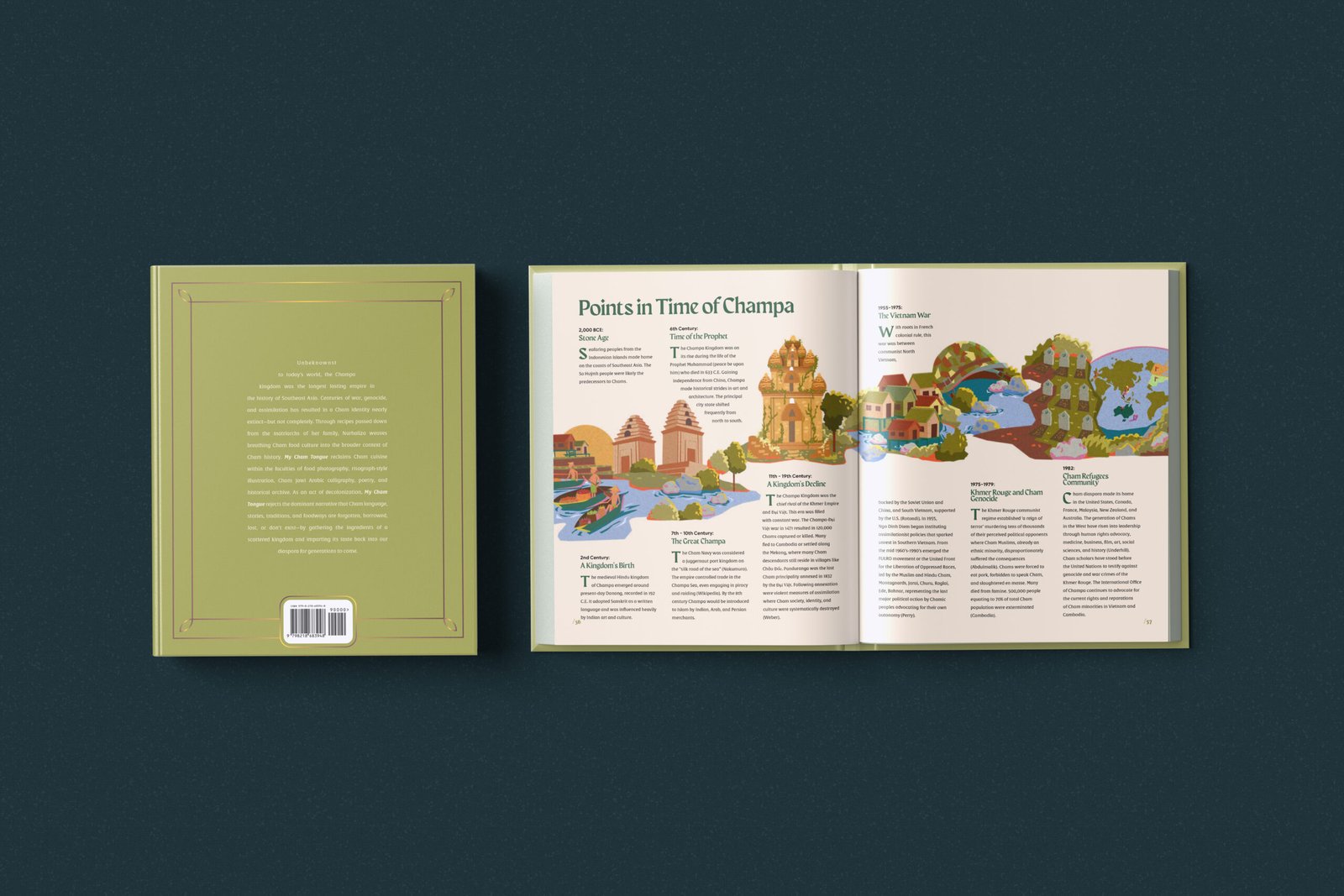My Cham tongue editorial spread combining typography and illustration