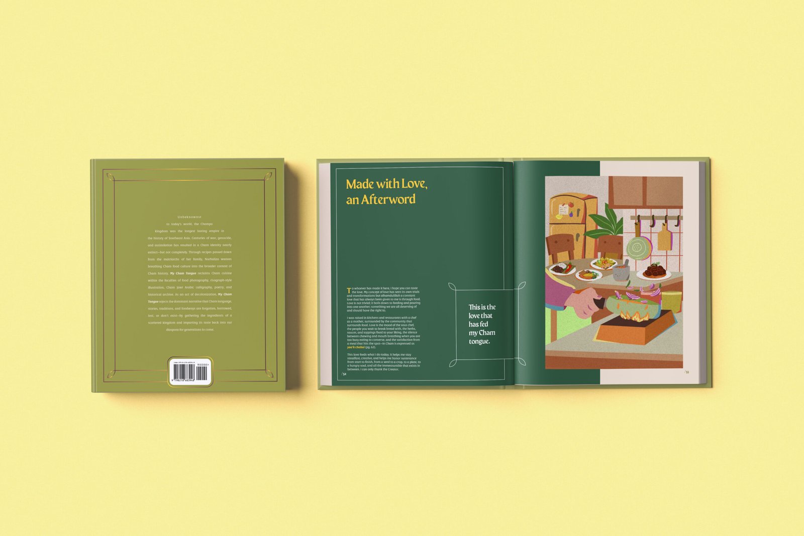 My Cham tongue publication spread showing a balanced mixed-media layout