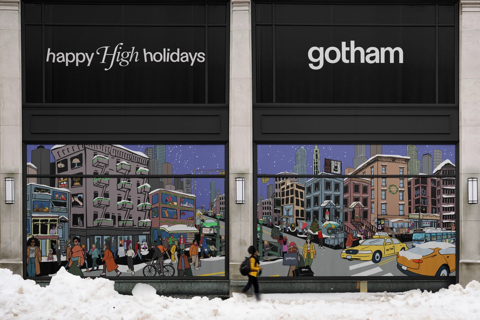 Gotham holiday campaign window banner illustration